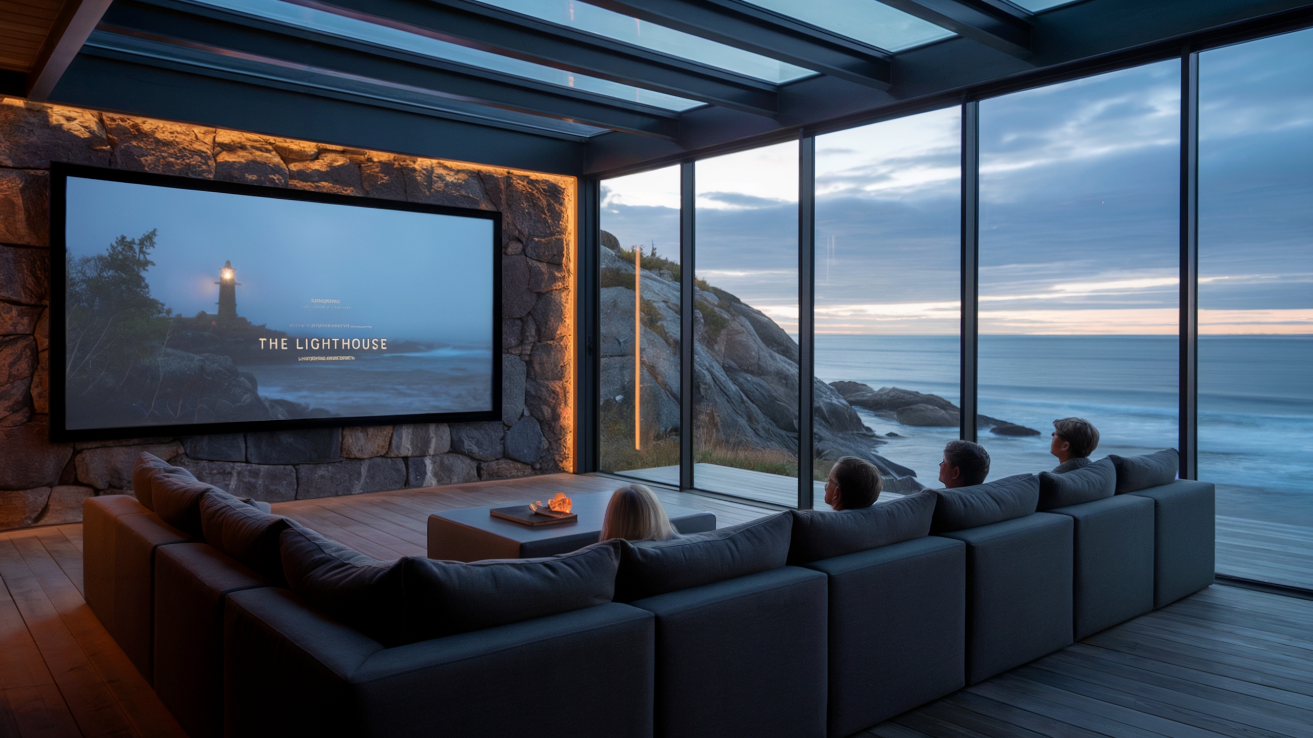 Coastal home theater with ocean view